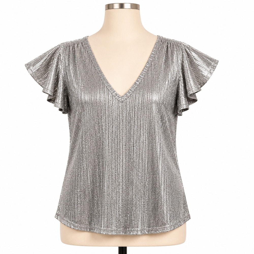 WHBM‎ Gold Shimmer Metallic Rib Knit Top M Holiday Party Cocktail Date Night
